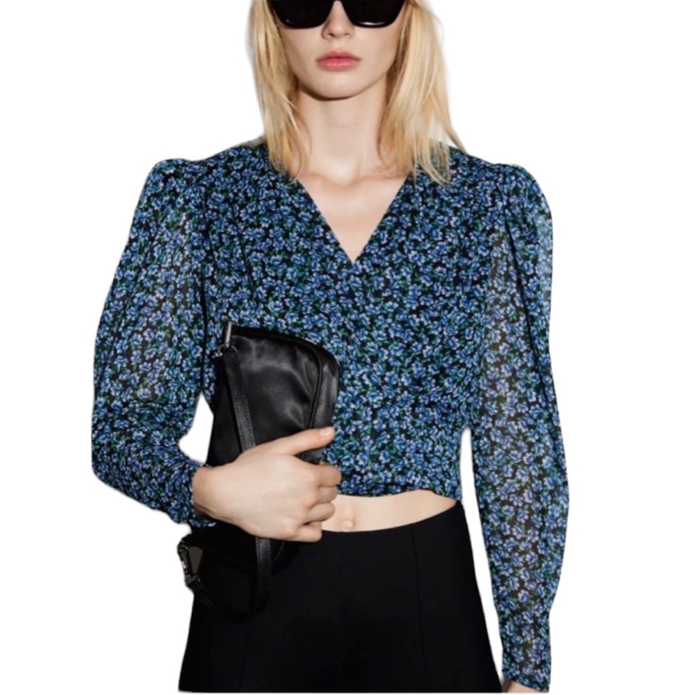 EUC Zara Floral Print Puffed Sleeve Crop Top